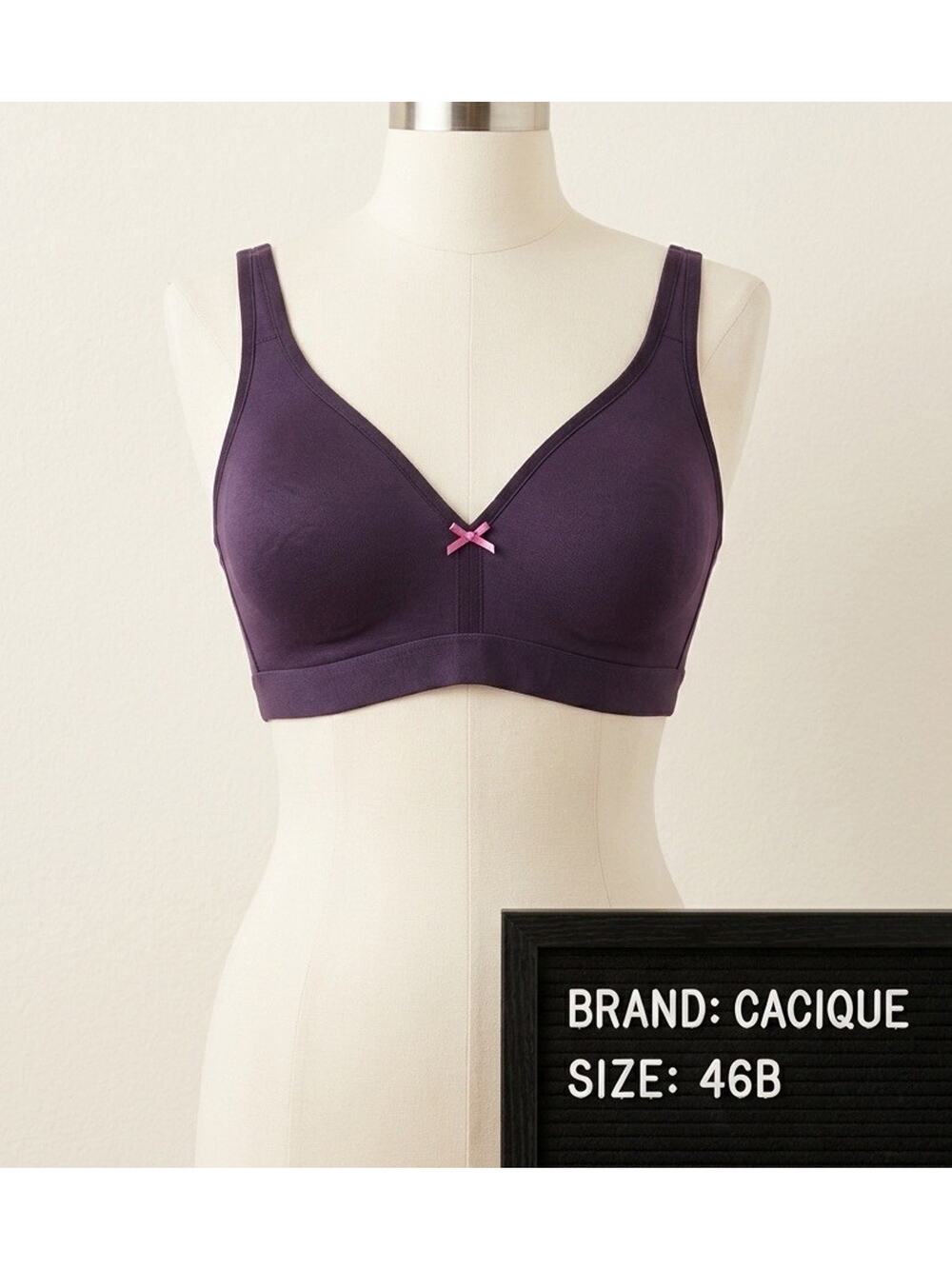 Cacique Bra Womens 46B Purple T-Shirt Unlined Full Coverage No Wire Pink Bow